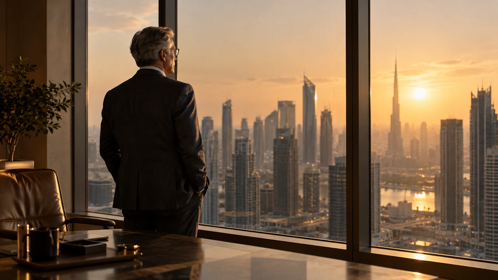 An executive in a dark suit stands at his office window, looking out over a city skyline at sunset