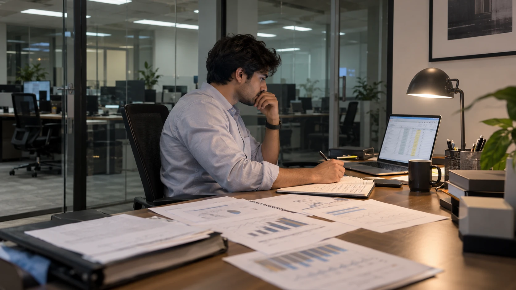 An analyst in a corporate office studying a spreadsheet on his laptop