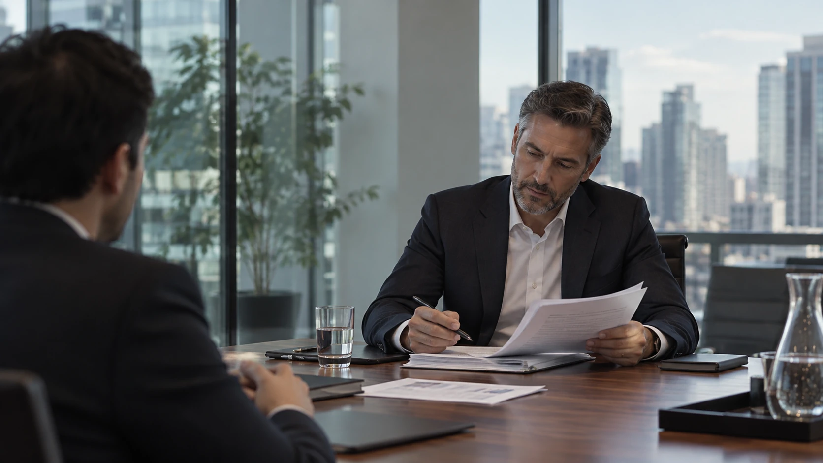 An executive reading a printed report at a boardroom table, with another person in the foreground