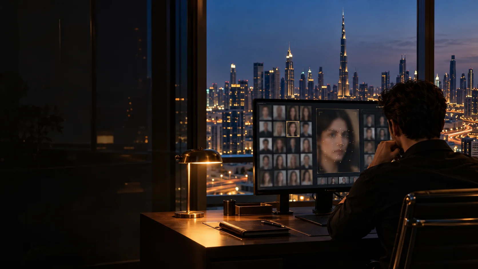An analyst at a desk at dusk reviewing a grid of portrait matches on a monitor, the city skyline behind him