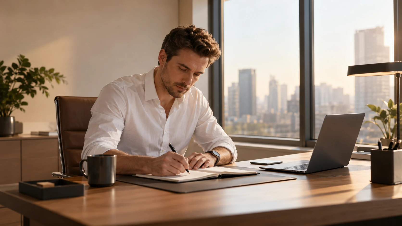 A man taking notes at his desk in a sunlit office overlooking a city