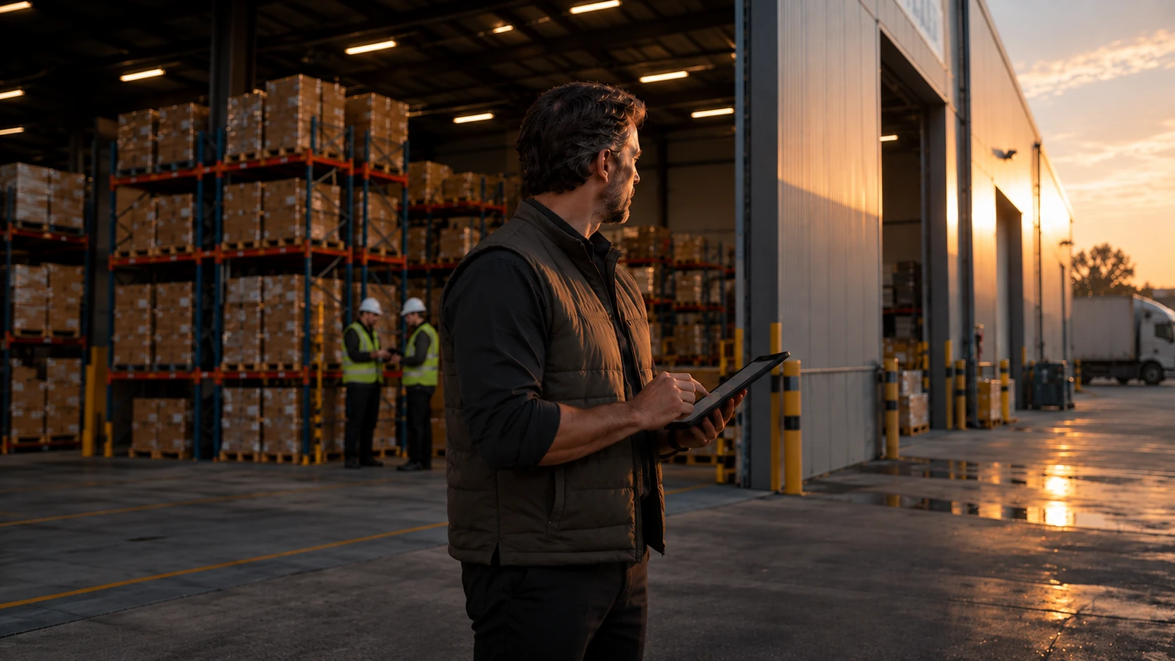 An investigator holding a tablet at a warehouse loading dock at sunset, with workers in high-visibility vests behind him