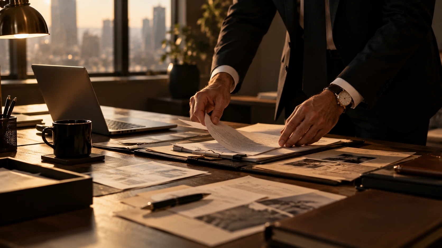 An investigator's hands sorting case documents on a desk at sunset