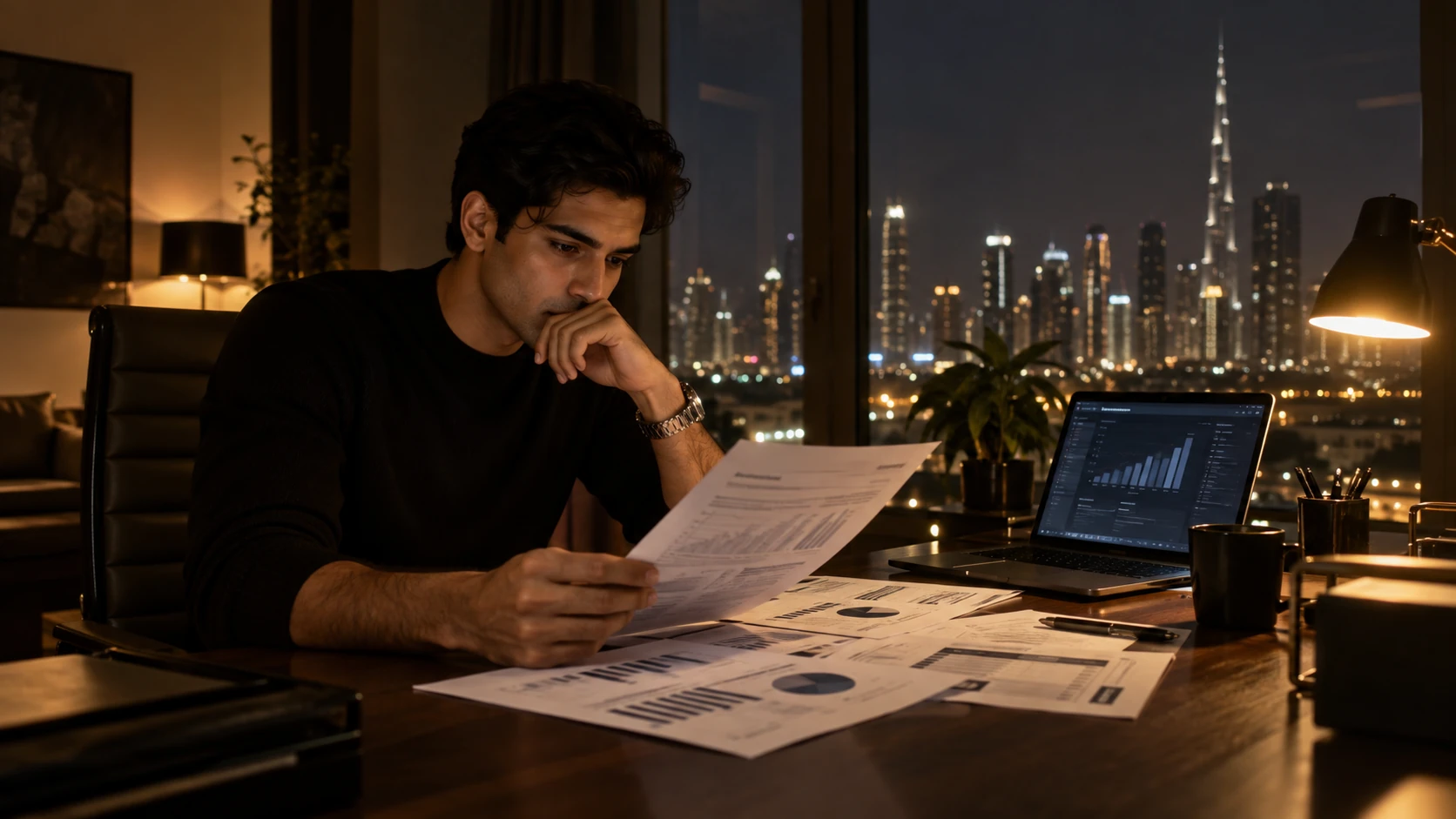 An analyst at his desk at night, reading a document beside an open laptop, with a city skyline behind him
