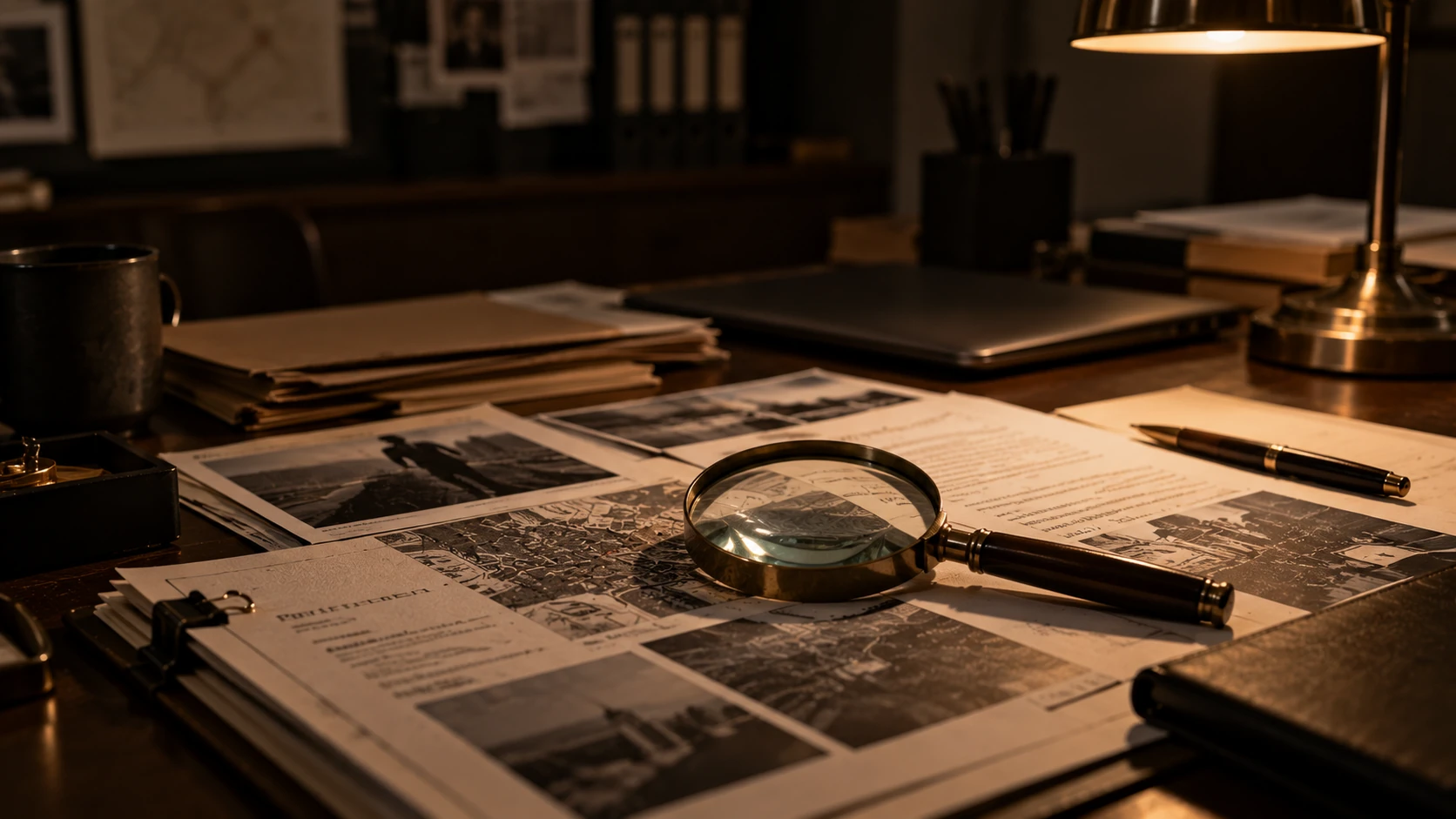Case documents, photographs and a magnifying glass on a desk under a brass lamp