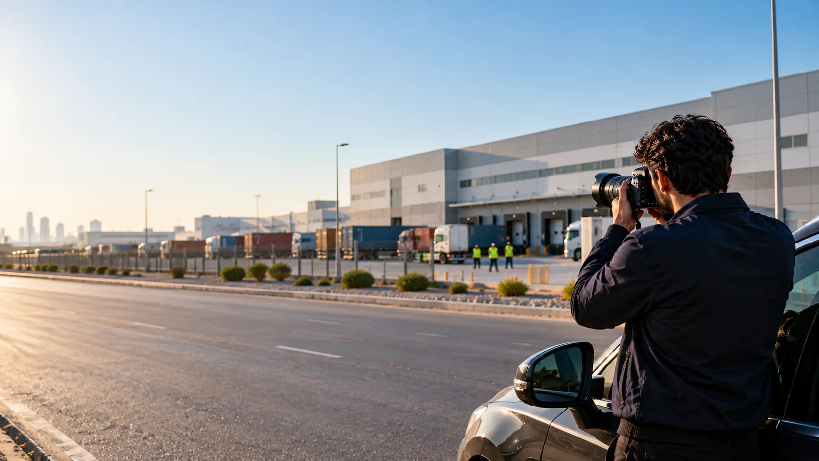 An investigator photographing a logistics complex from across the road on a bright morning