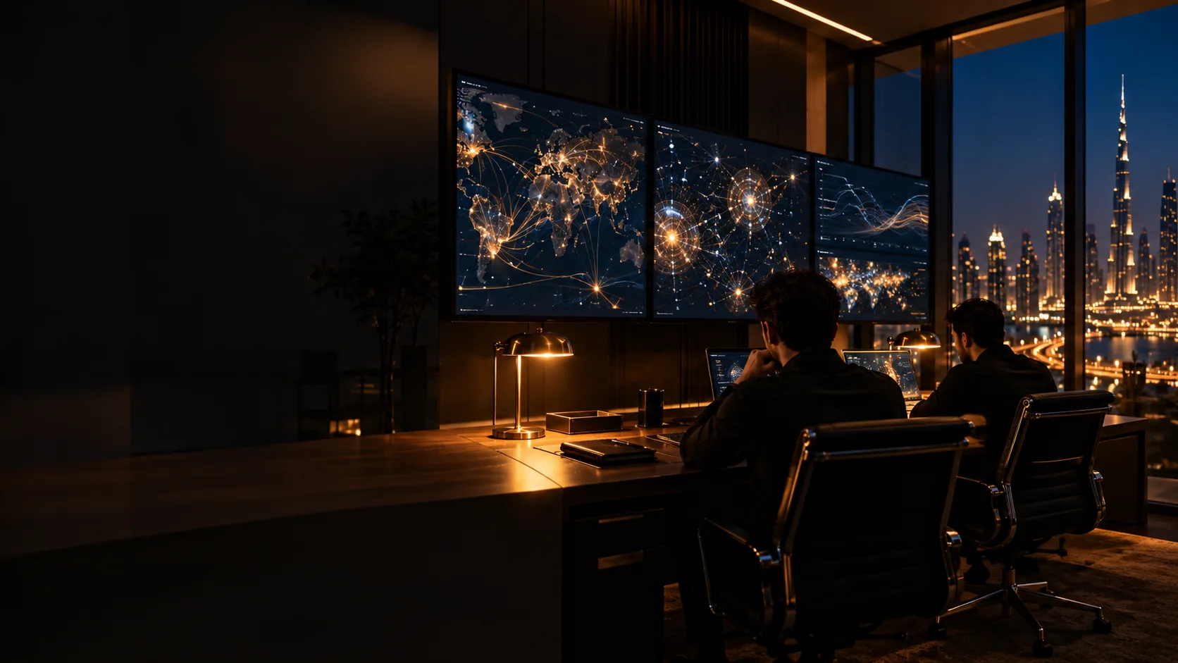 An operations room at night with analysts watching live social media activity mapped across several large screens