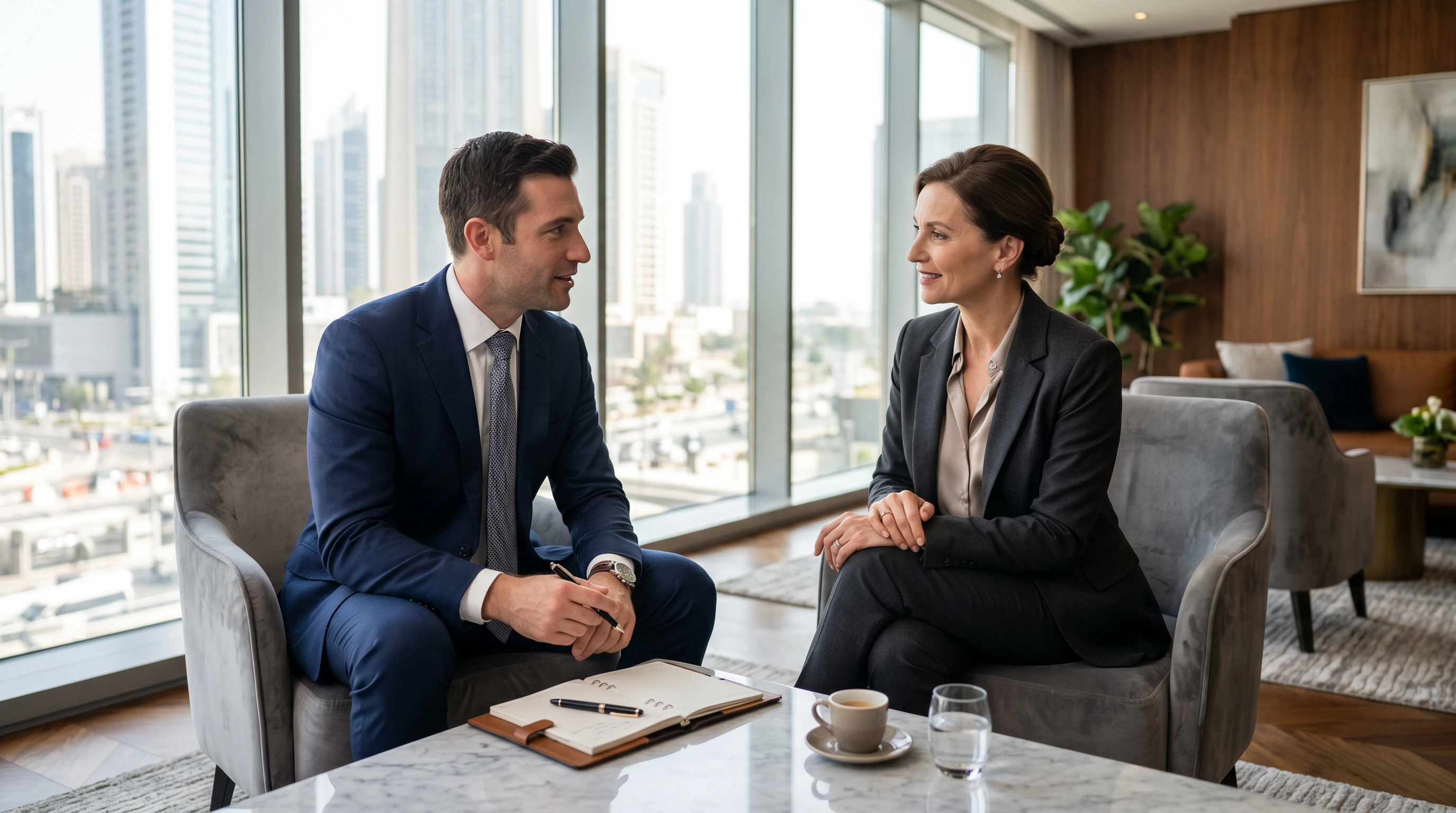 A man and a woman in quiet conversation in a private lounge overlooking a city