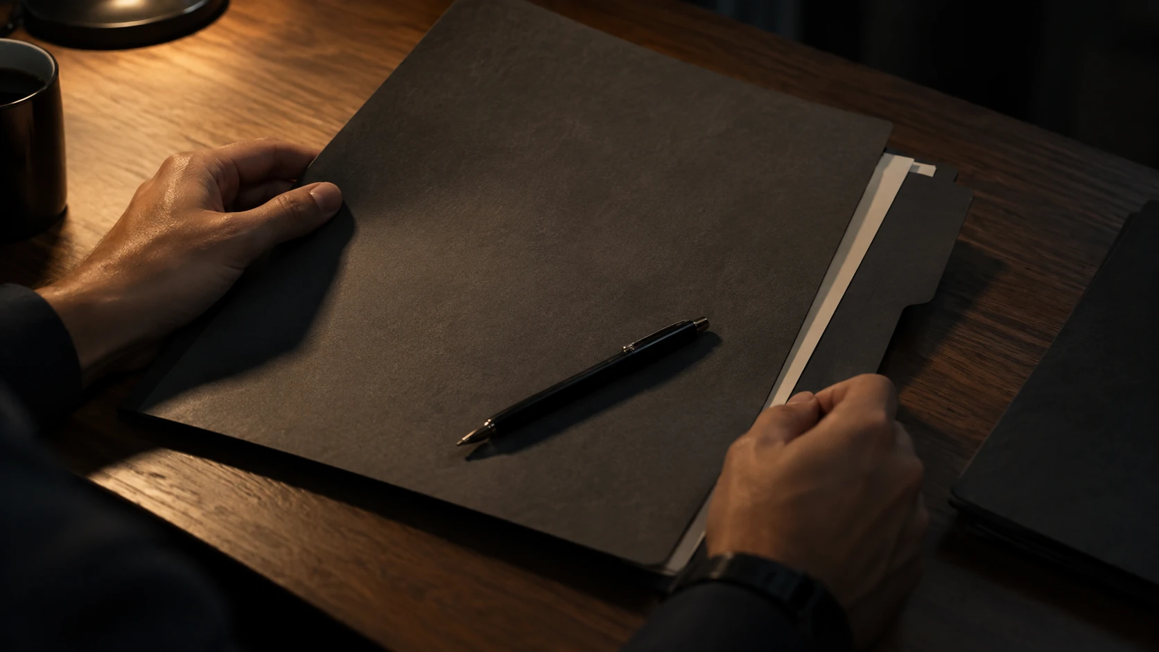 A pair of hands opening a plain case folder on a wooden desk under lamplight