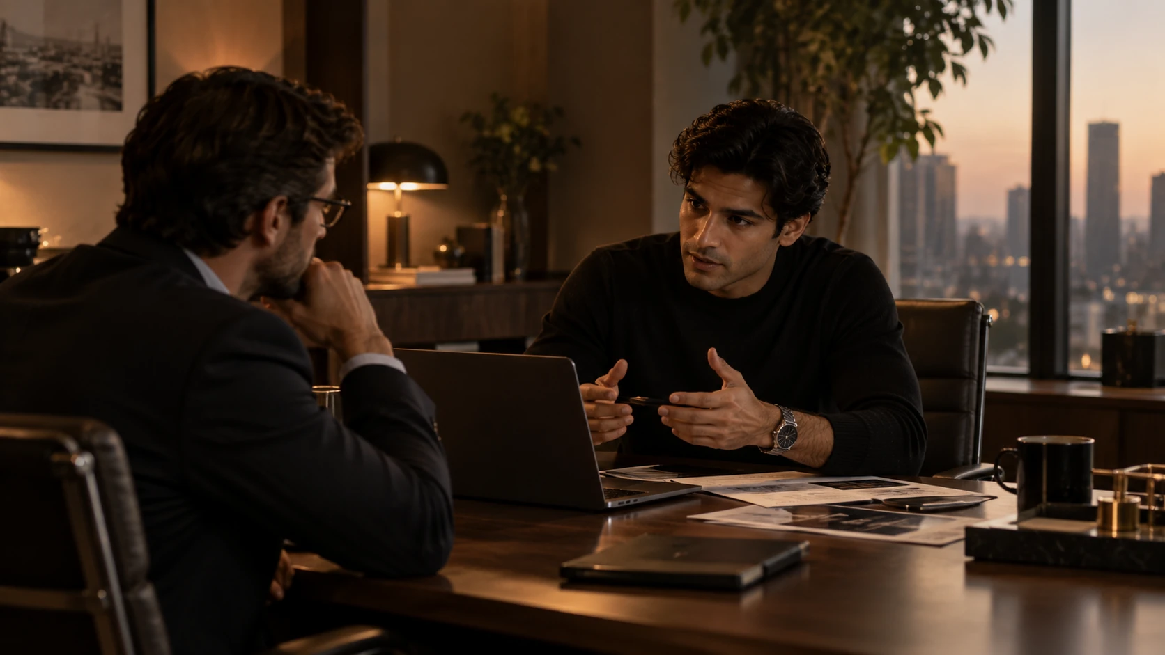 Two men in conversation across a desk in an office at dusk, with a city skyline behind them